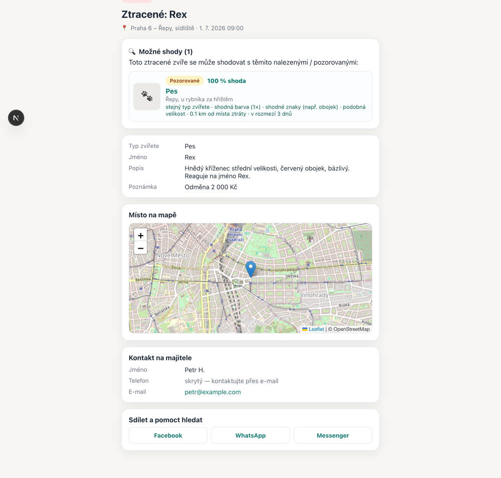 Aplikace Hledám mazlíčka — detail s AI shodou a mapou